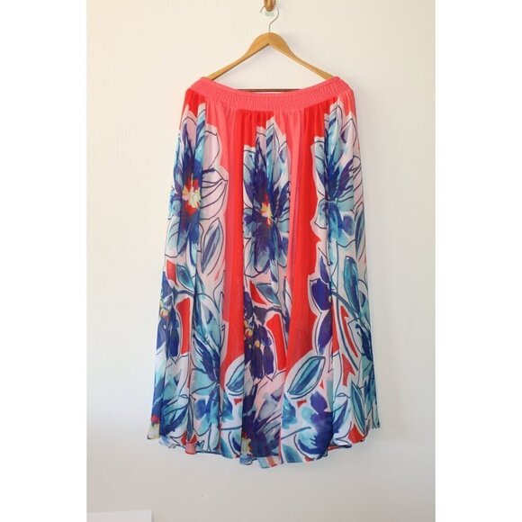 Chicos Tropical Floral Flowy Maxi Skirt Size 1/M  Elastic waist Vibrant Red Blue - Picture 7 of 9